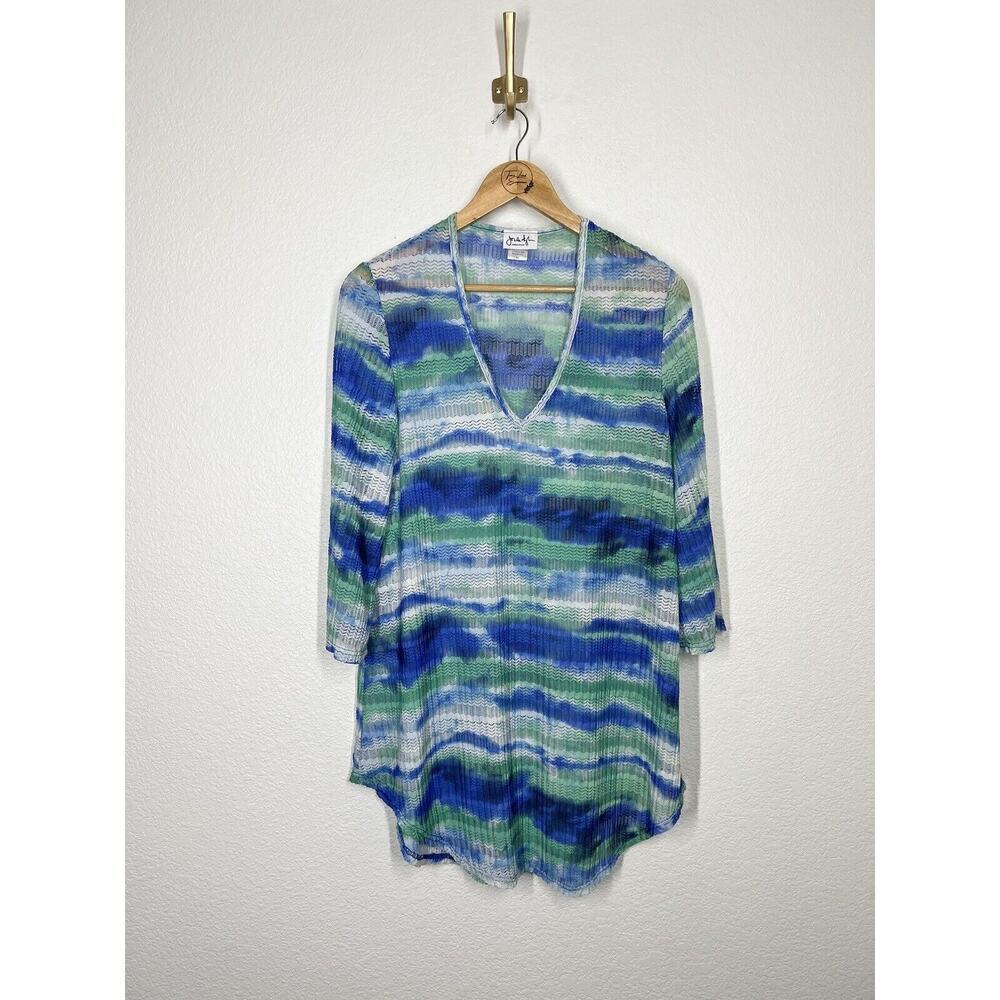 Jordan Taylor Sheer Knit Coverup Tunic Mini Dress Medium M Blue Green White